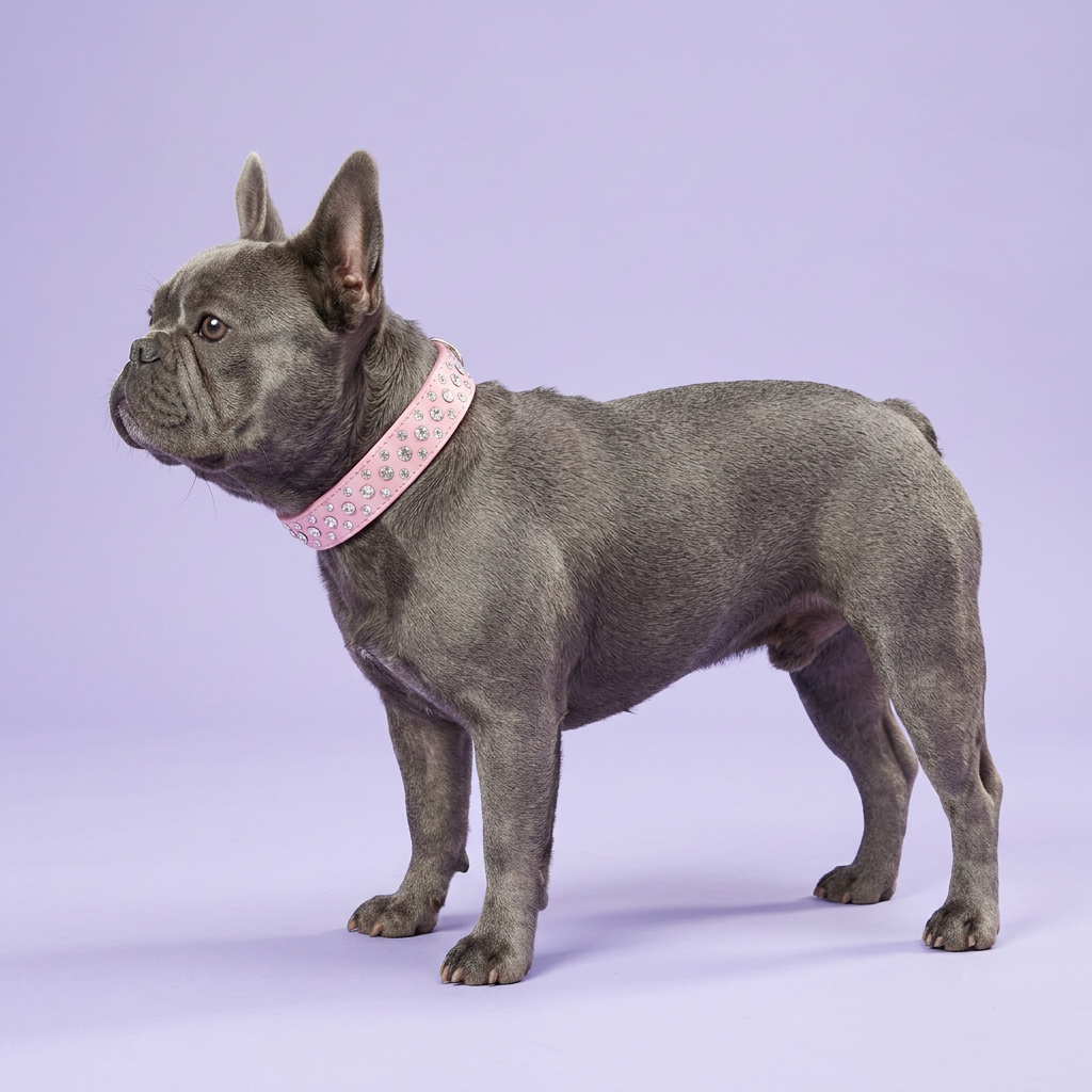 Grey French Bulldog standing in profile, wearing the pink rhinestone leather collar