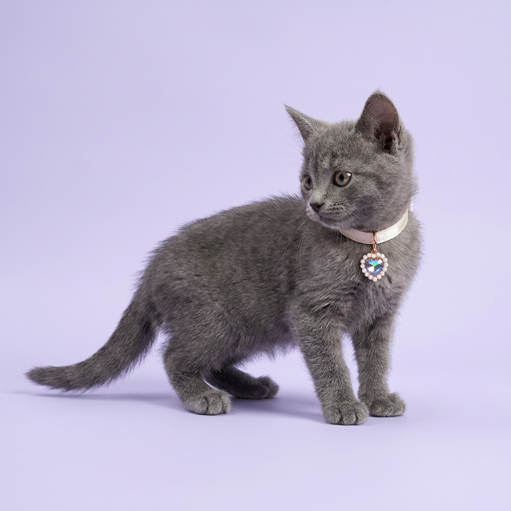 Grey kitten standing sideways glancing back, wearing the ivory satin iridescent heart-charm collar