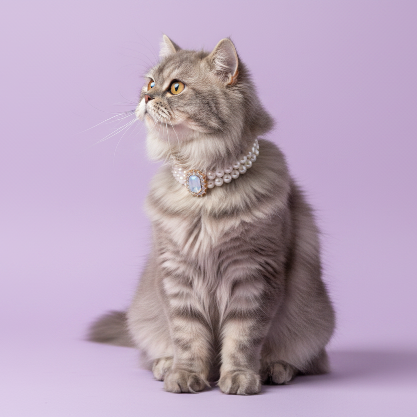 Gray Persian cat sitting and wearing a pearl collar with a lavender gemstone pendant against a lavender background
