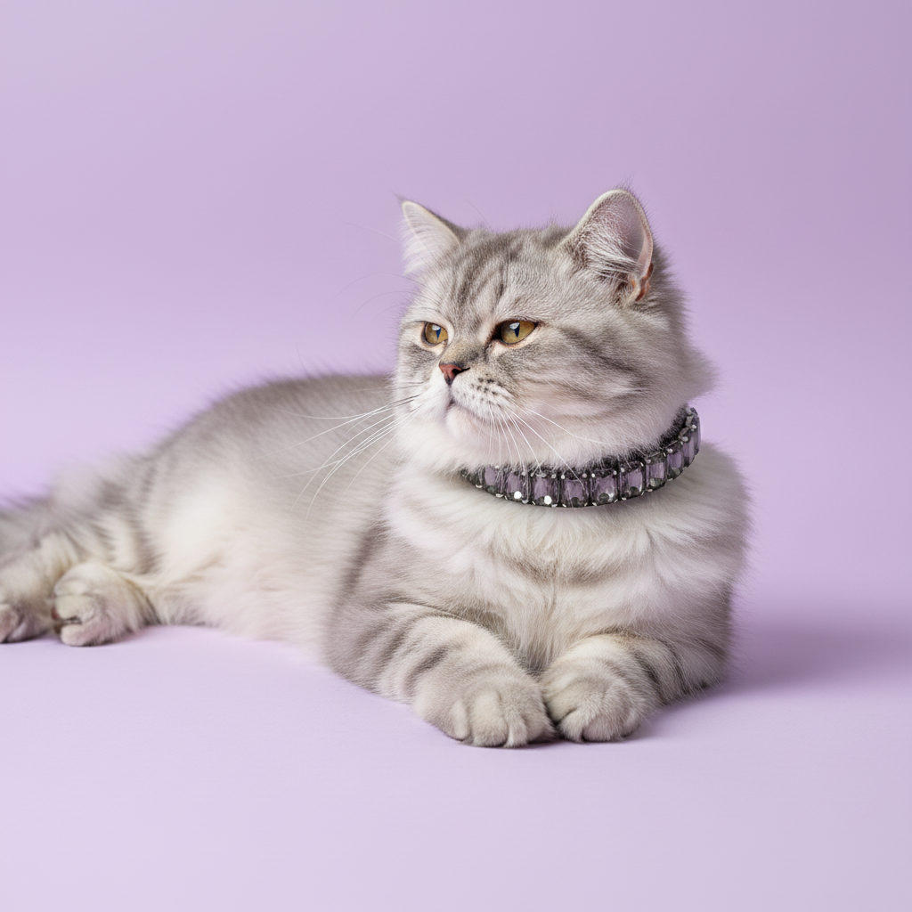 Grey Persian cat lying down and wearing a dark crystal rhinestone collar against a soft lavender studio background.