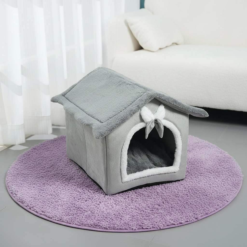Grey plush house-shaped pet bed with scalloped roof trim, white bow accent above the arched entrance, and grey cushioned interior, placed on a round lavender rug in a bright neutral living room with a white sofa and sheer curtains