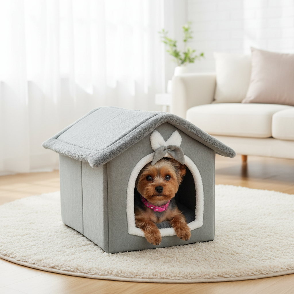 Yorkshire Terrier peeking out from inside a grey plush house-shaped pet bed with scalloped roof trim and white bow accent above the cream arched entrance, placed on a round cream shag rug in a bright minimalist living room with a white sofa and sheer curtains, wearing a pink rhinestone collar