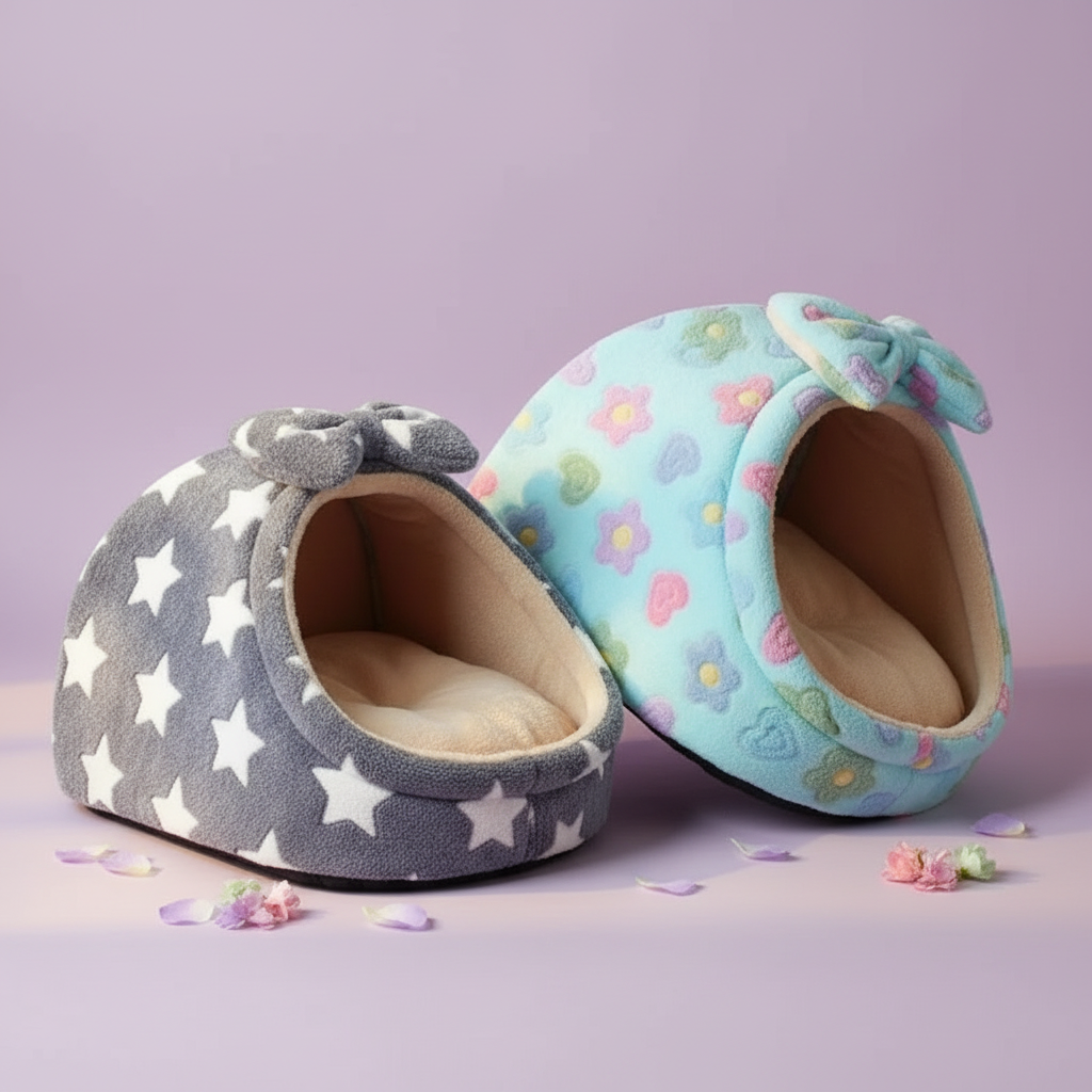 Grey and cream star print plush igloo cat cave bed with matching bow detail paired with a mint teal multicolor floral plush igloo cat cave bed with bow detail, both with cream fleece interiors, scattered pastel flower petals, lavender background