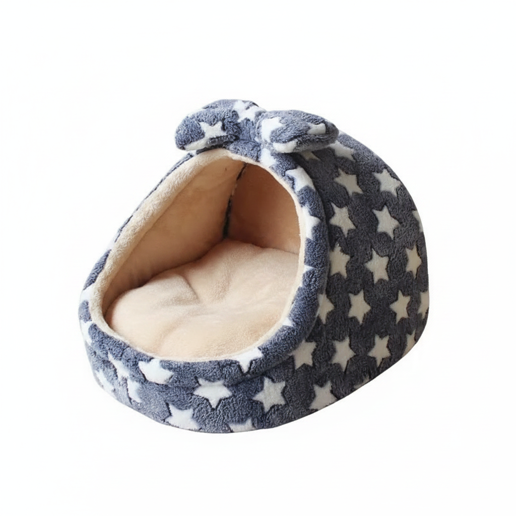 Grey and cream star print plush igloo cat cave bed with matching bow detail and cream fleece interior, white background