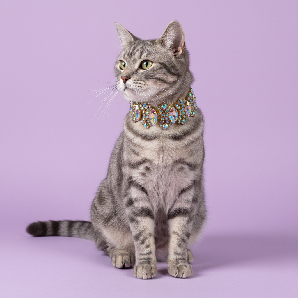 Green-eyed silver grey tabby cat sitting tall and gazing upward wearing a wide gold statement collar densely set with iridescent AB crystal rhinestones and multiple dangling AB teardrop crystal pendants, luxury AB crystal statement cat collar on solid lavender background
