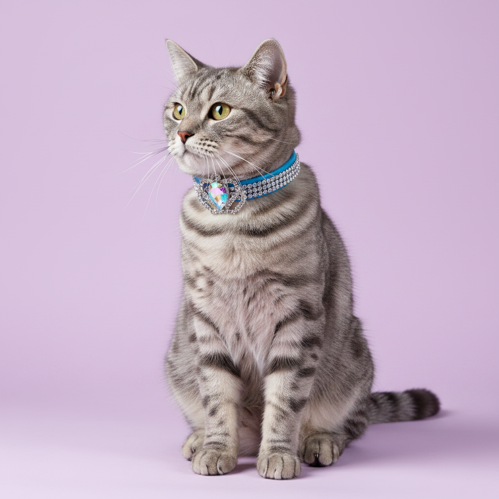 Yellow-green-eyed silver grey tabby cat sitting tall and gazing upward wearing a light blue rhinestone collar with a silver crown centerpiece featuring an iridescent AB heart crystal, luxury crown heart crystal breakaway cat collar on solid lavender background