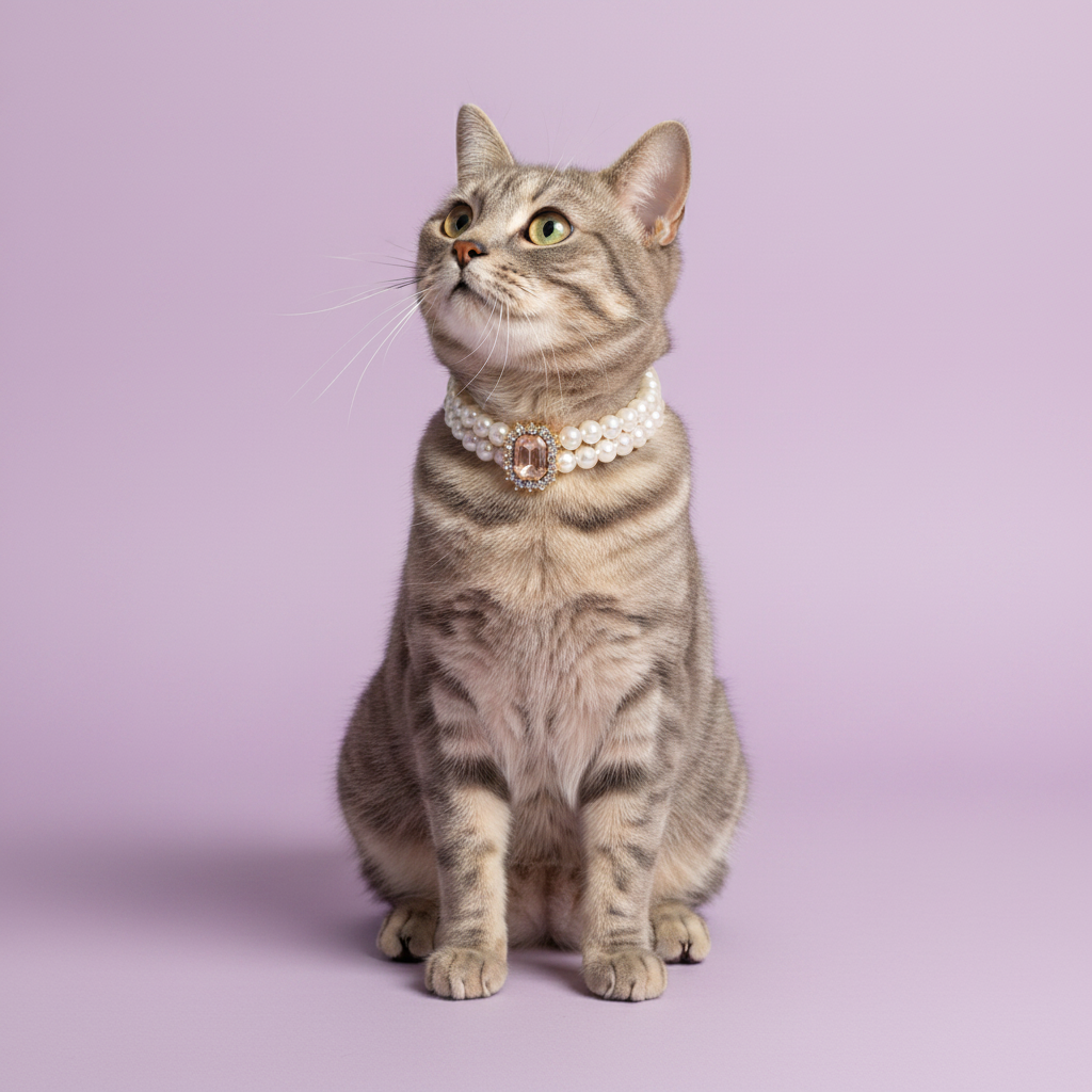 Gray tabby cat sitting at an angle and wearing a double pearl collar with a pink gemstone pendant against a lavender background