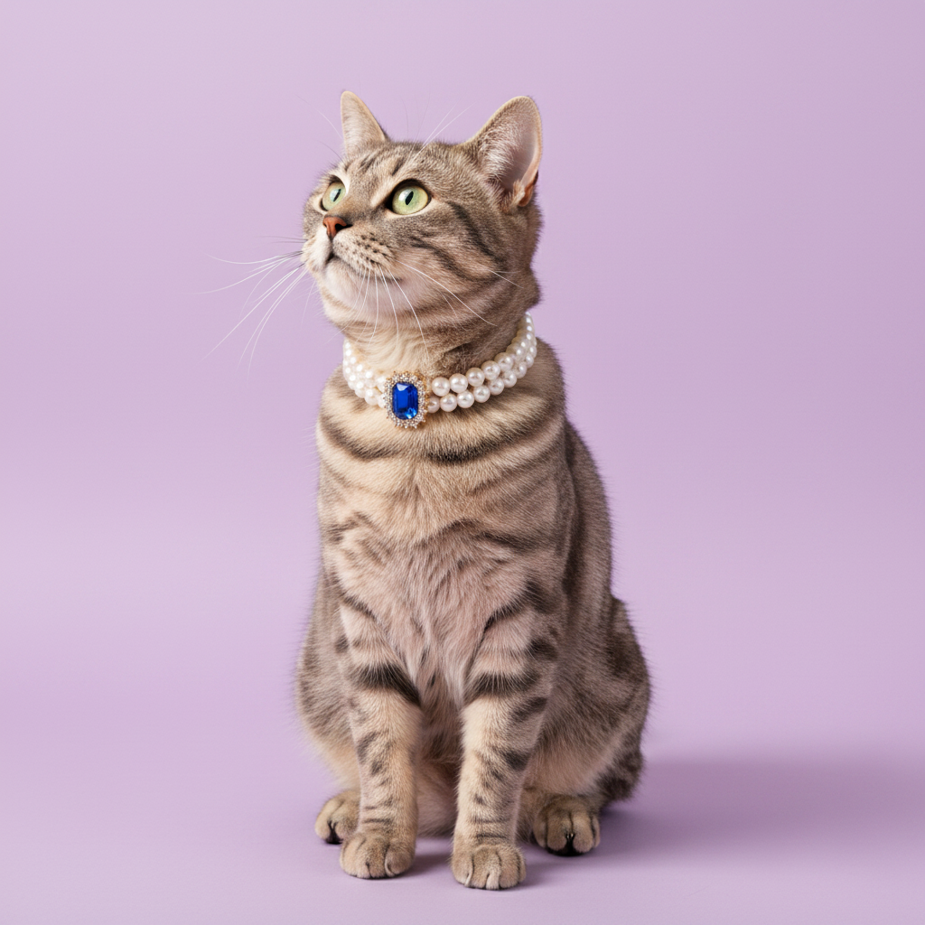 Gray tabby cat sitting at an angle and wearing a double pearl collar with a blue gemstone pendant against a lavender background