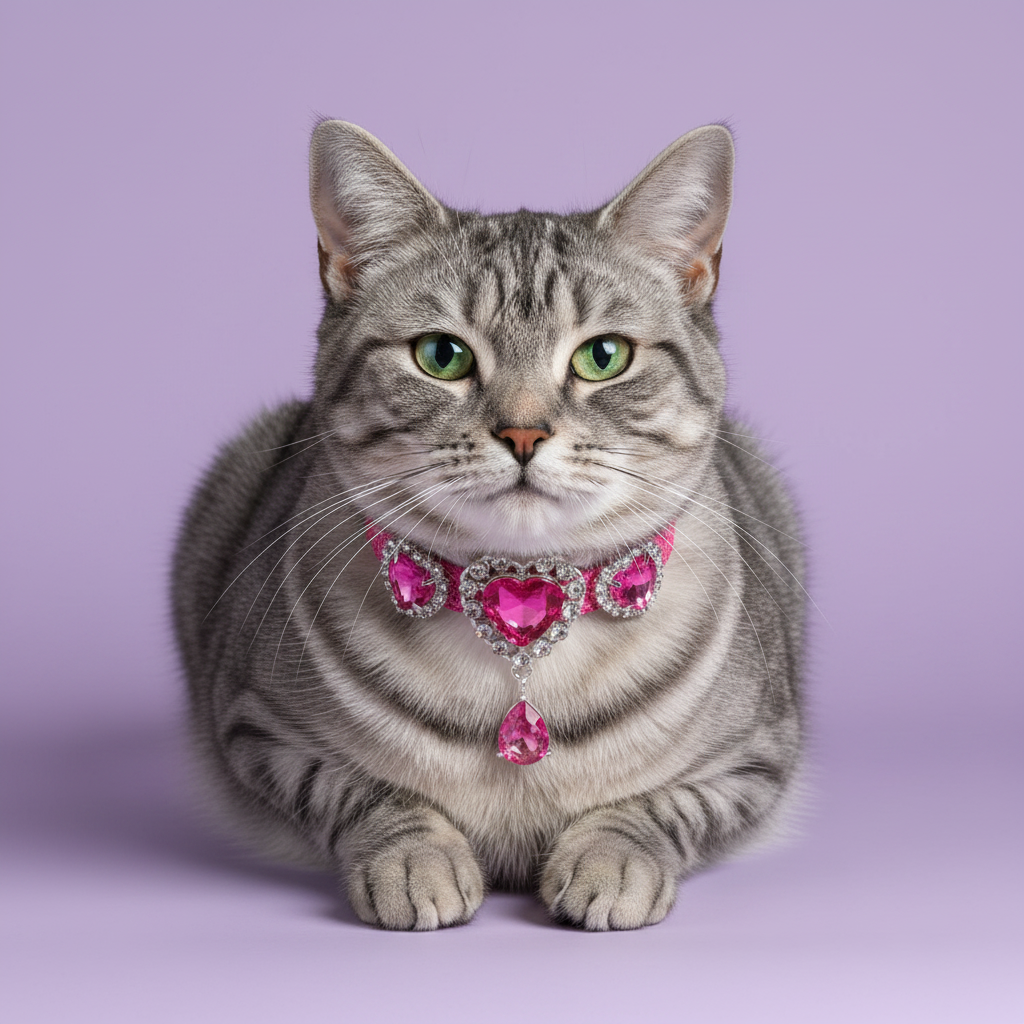 Green-eyed silver grey tabby cat in loaf position with front paws tucked and facing camera wearing a hot pink rhinestone collar with three rhinestone-framed hot pink heart crystals and a dangling teardrop pink crystal pendant, luxury heart gem cat collar on solid lavender background