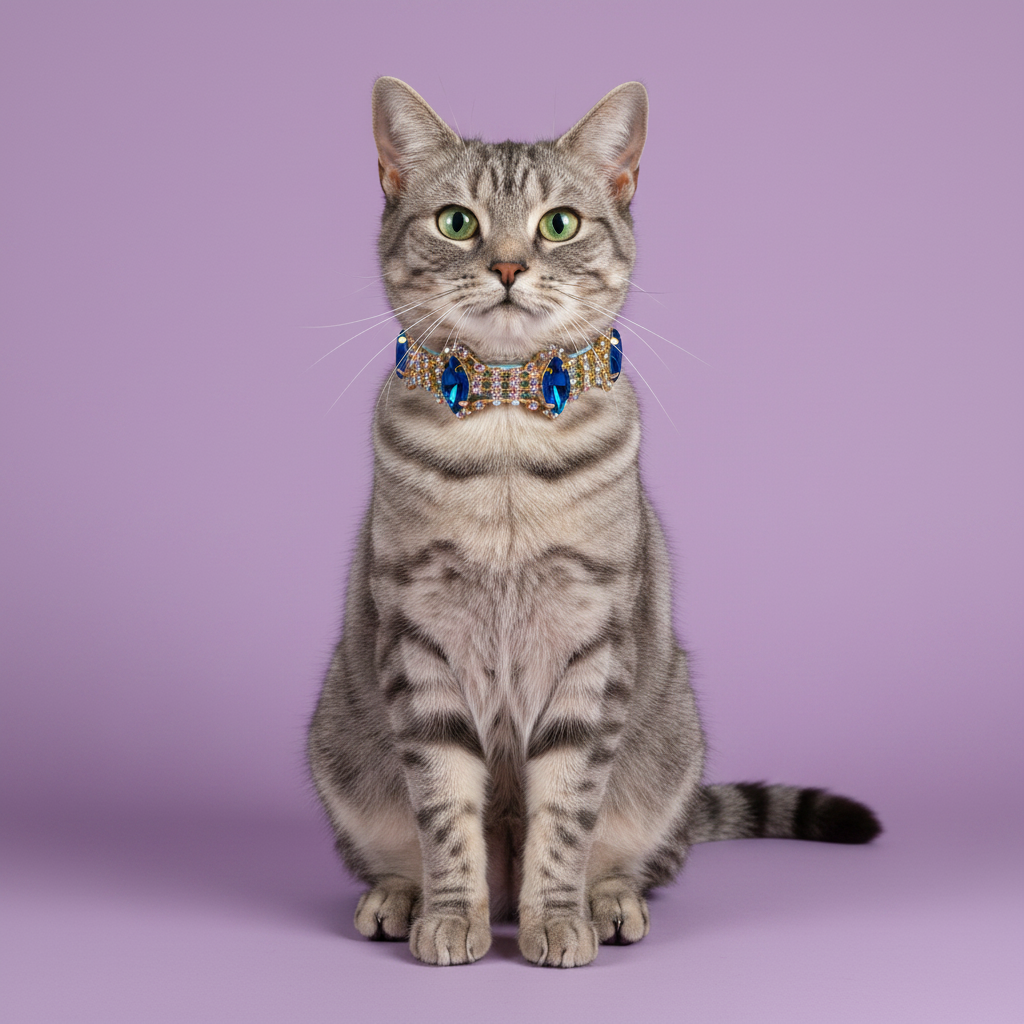 Grey tabby cat sitting tall and facing forward wearing a blue sapphire crystal rhinestone breakaway cat collar
