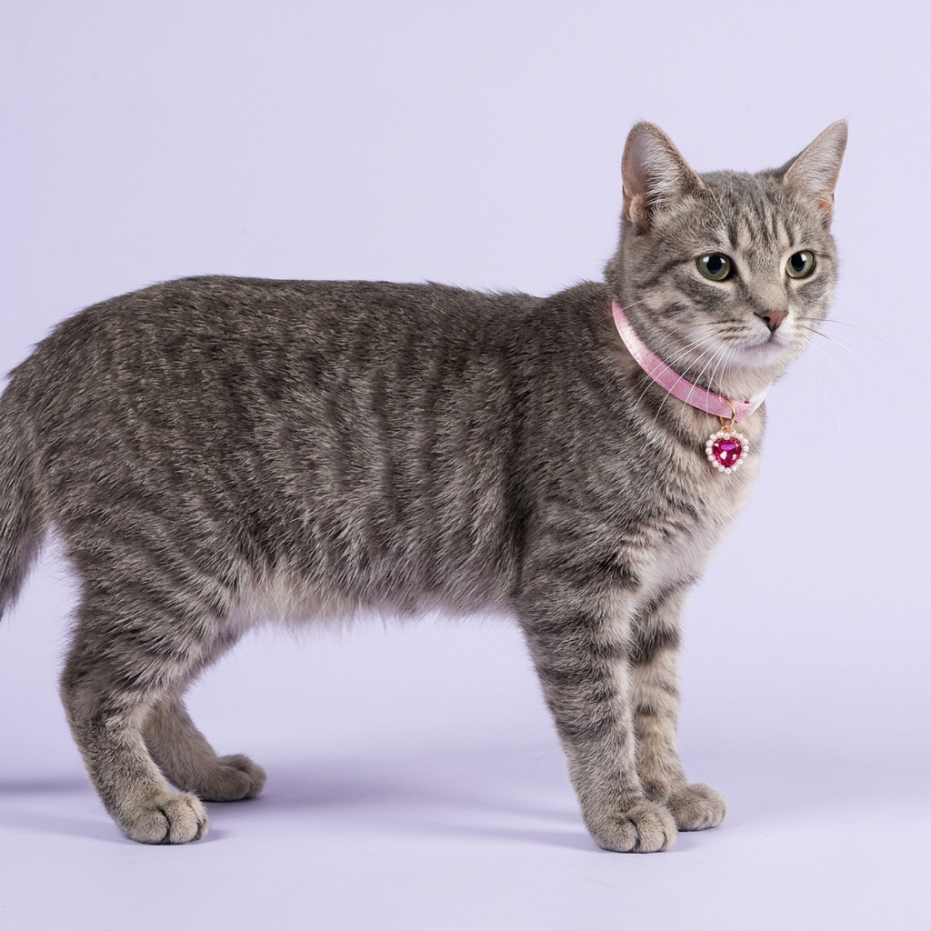 Grey tabby cat standing sideways in profile, wearing the pink satin heart-charm collar