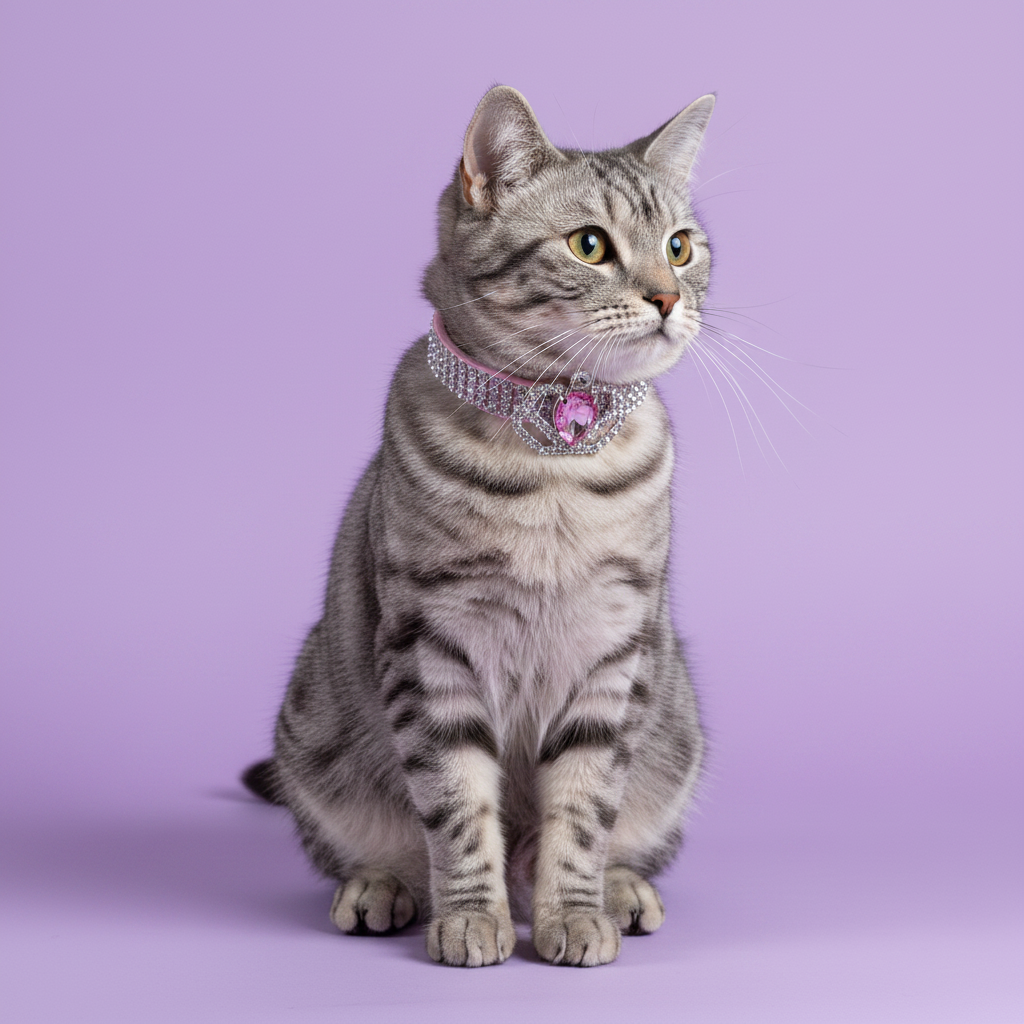Brown-eyed white Maltese mid-prance in a three-quarter view with one paw raised and gazing to the side wearing a pink rhinestone collar with a silver crown centerpiece featuring a faceted pink heart crystal, luxury crown heart crystal dog collar for small breeds on solid lavender background