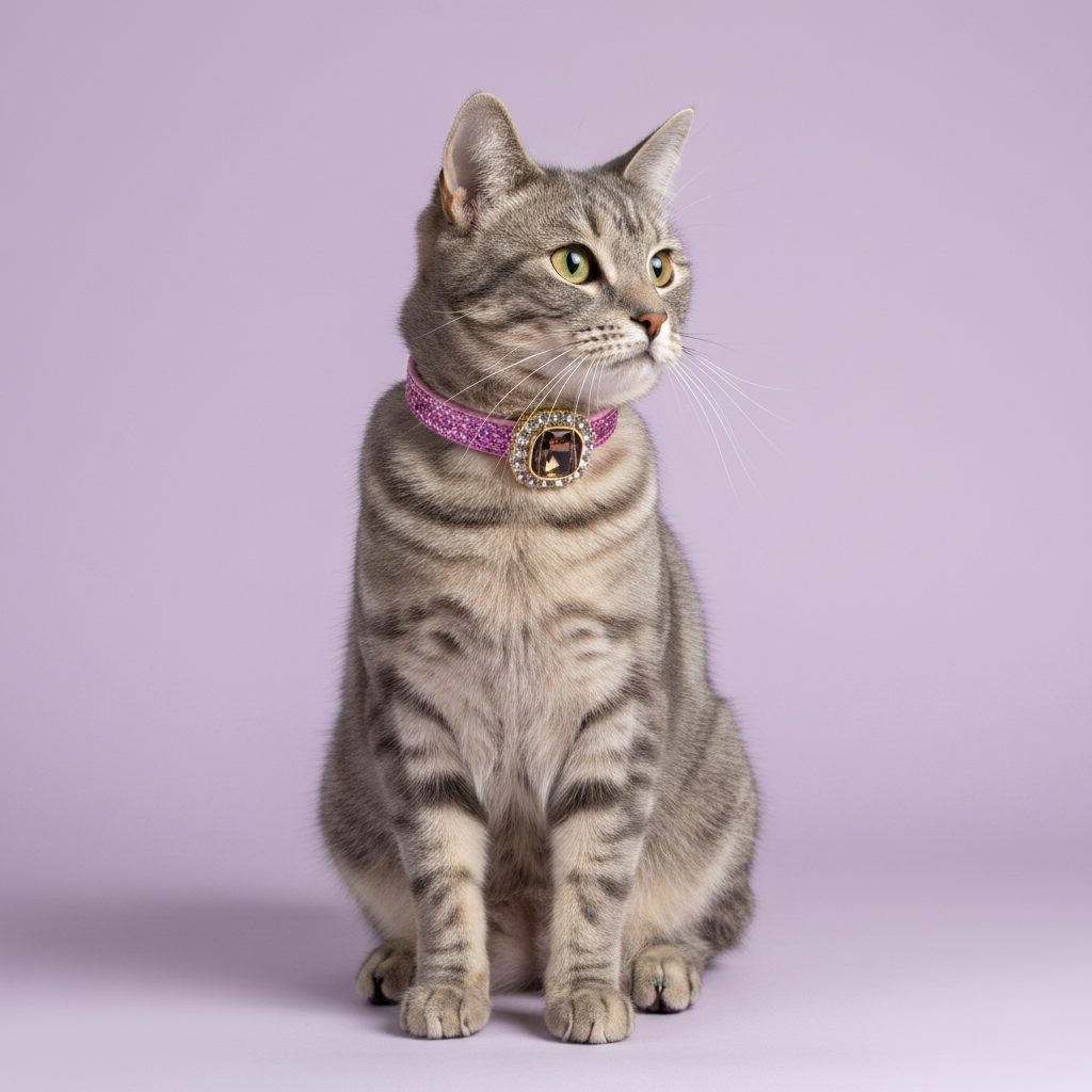 Green-eyed grey tabby cat sitting upright and gazing to the side wearing a pink glitter rhinestone cat collar with smoky topaz cushion-cut gem and rhinestone halo centerpiece on lavender background