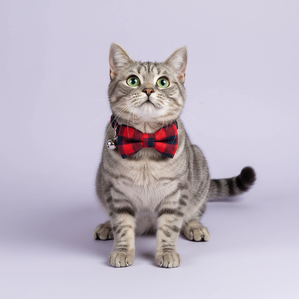 Grey tabby cat sitting upright with an upward gaze wearing a red plaid bow tie breakaway cat collar with a silver bell