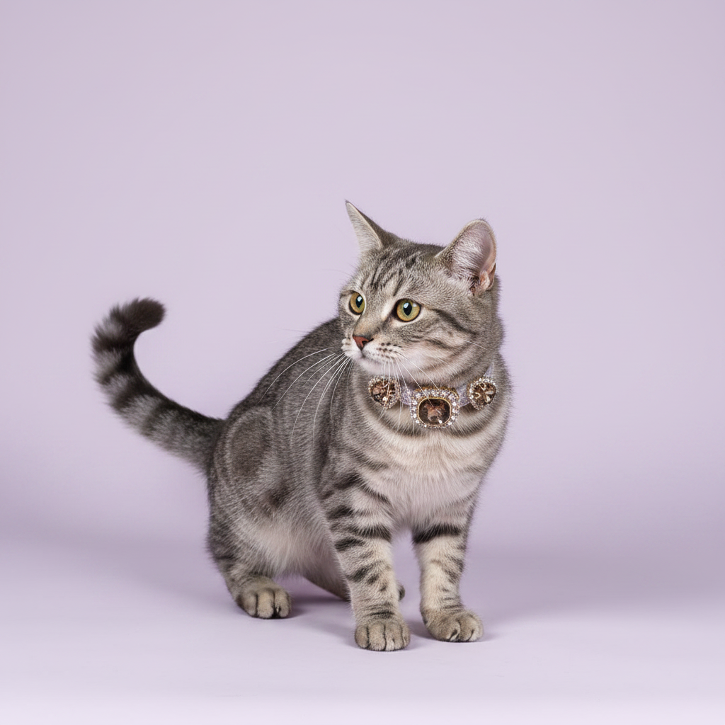 Green-eyed grey tabby cat standing and gazing to the side wearing a silver rhinestone cat collar with triple smoky topaz cushion-cut gems and rhinestone halo accents on lavender background