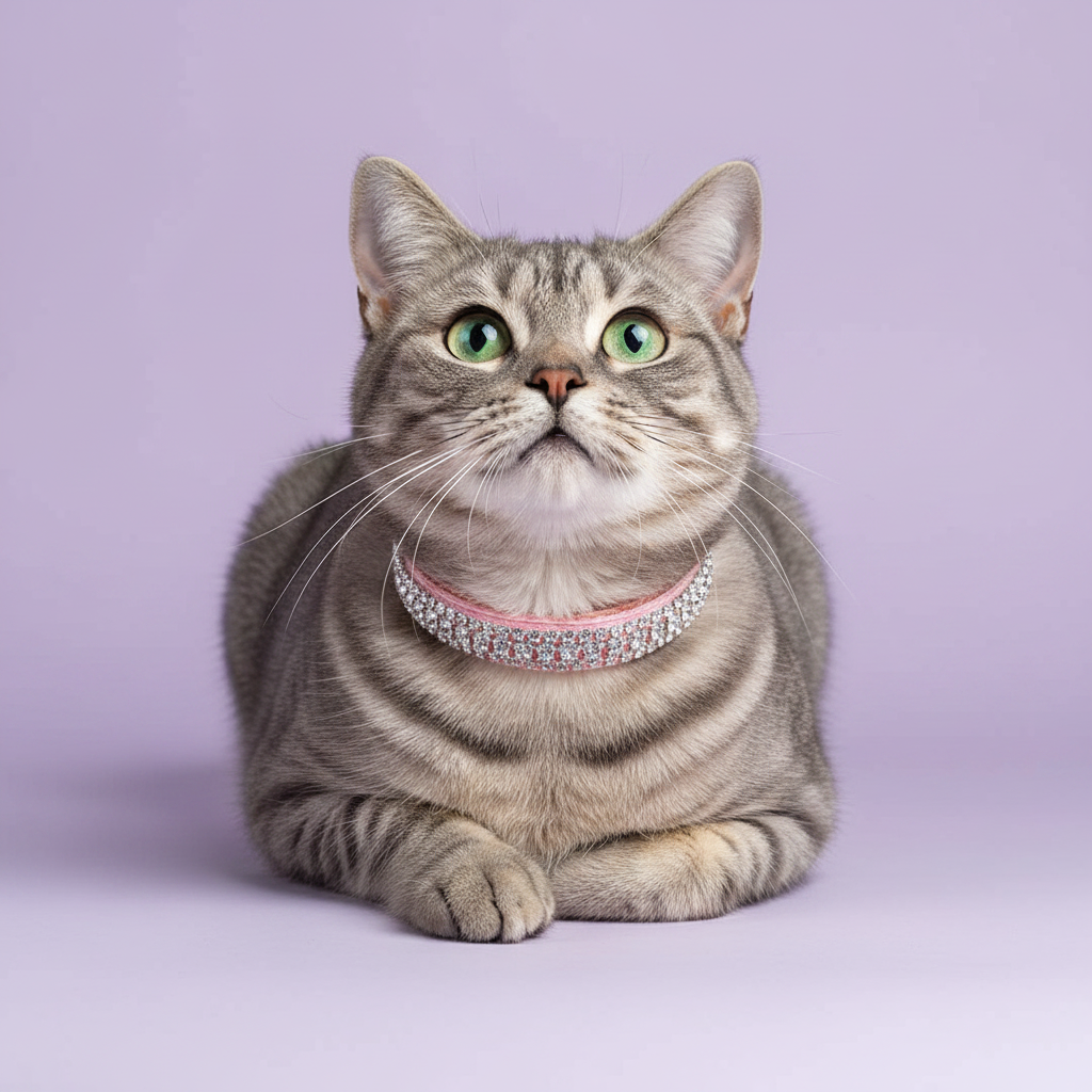 Grey tabby cat lounging and gazing upward wearing a pink double-row crystal rhinestone collar, luxury rhinestone cat collar on lavender background