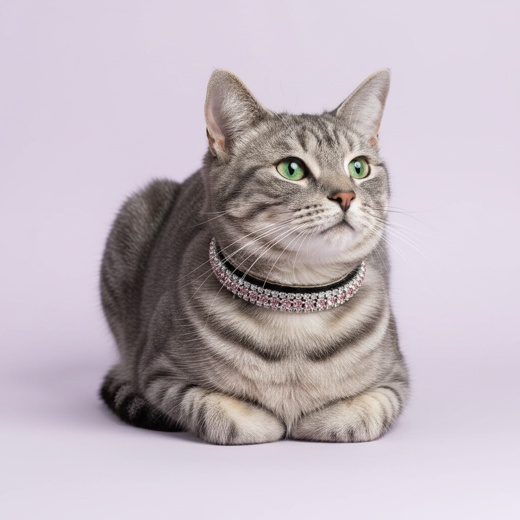 Green-eyed silver grey tabby cat in loaf position gazing upward wearing a black velvet double-row pink crystal rhinestone collar, luxury rhinestone cat collar on lavender background
