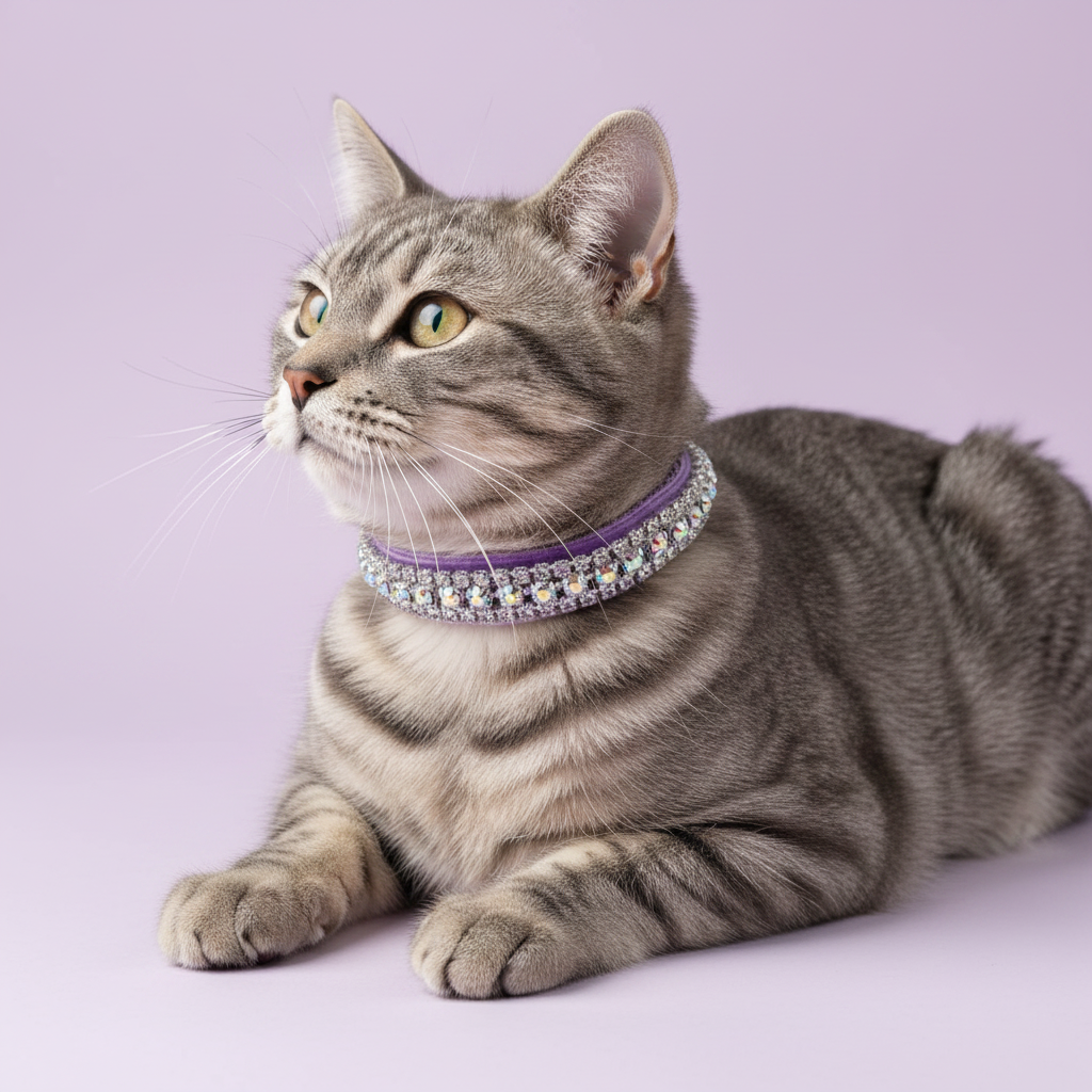 Yellow-green-eyed silver grey tabby cat lying down with head raised and gazing upward wearing a lavender velvet double-row AB iridescent crystal rhinestone collar, luxury rhinestone cat collar on lavender background