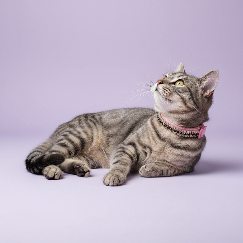 Grey tabby cat lying on side and gazing upward wearing a pink velvet double-row black and clear crystal rhinestone collar with pink bow, luxury rhinestone cat collar on lavender background