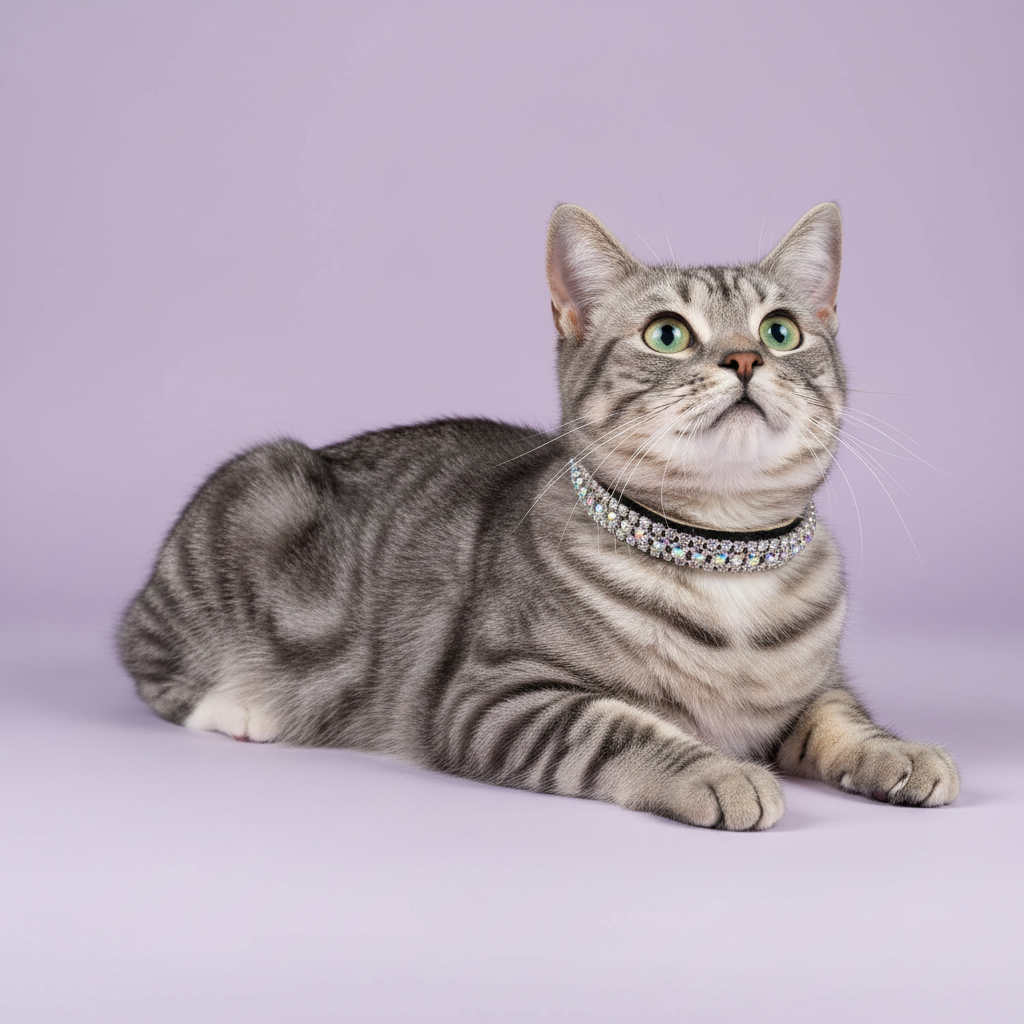 Green-eyed silver grey tabby cat lying down and gazing upward wearing a black velvet triple-row AB iridescent crystal rhinestone collar, luxury rhinestone cat collar on lavender background