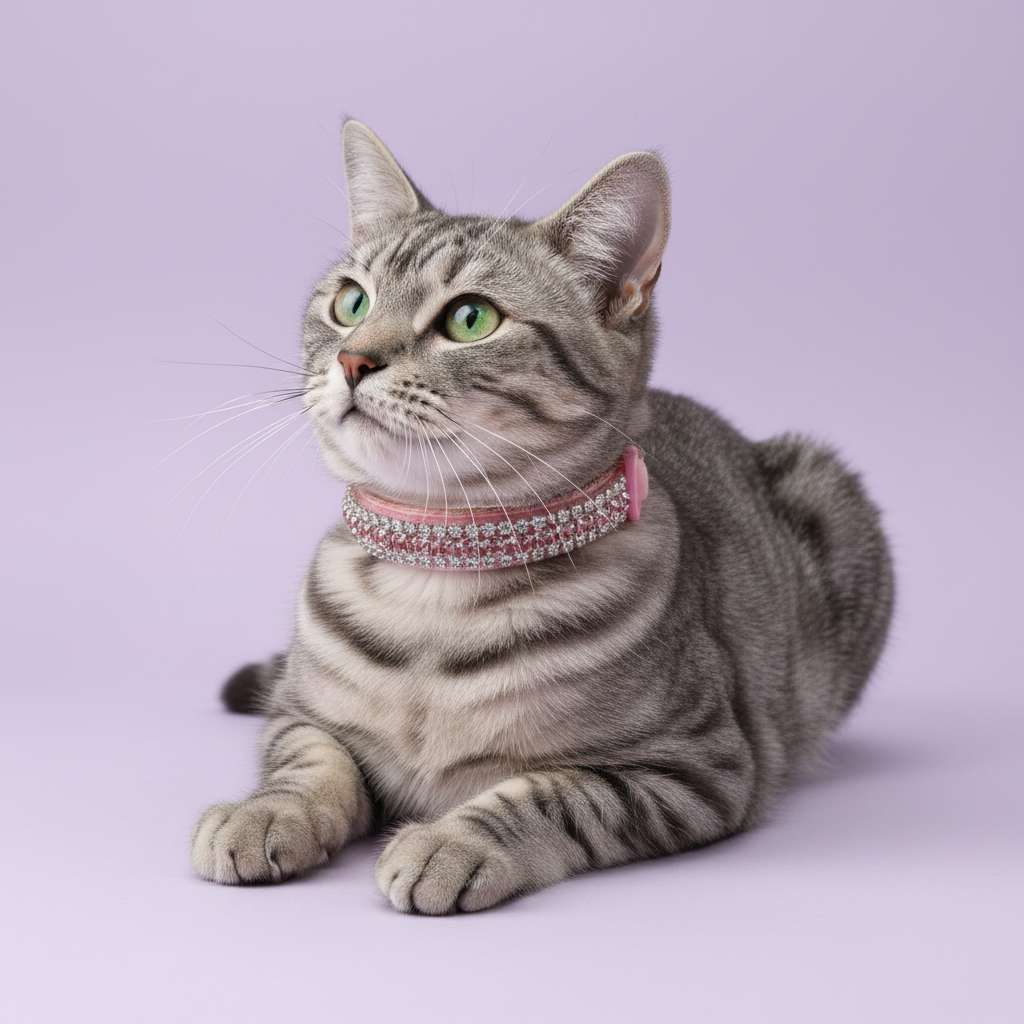 Green-eyed grey tabby cat lying down and gazing upward wearing a pink triple-row crystal rhinestone collar, luxury rhinestone cat collar on lavender background