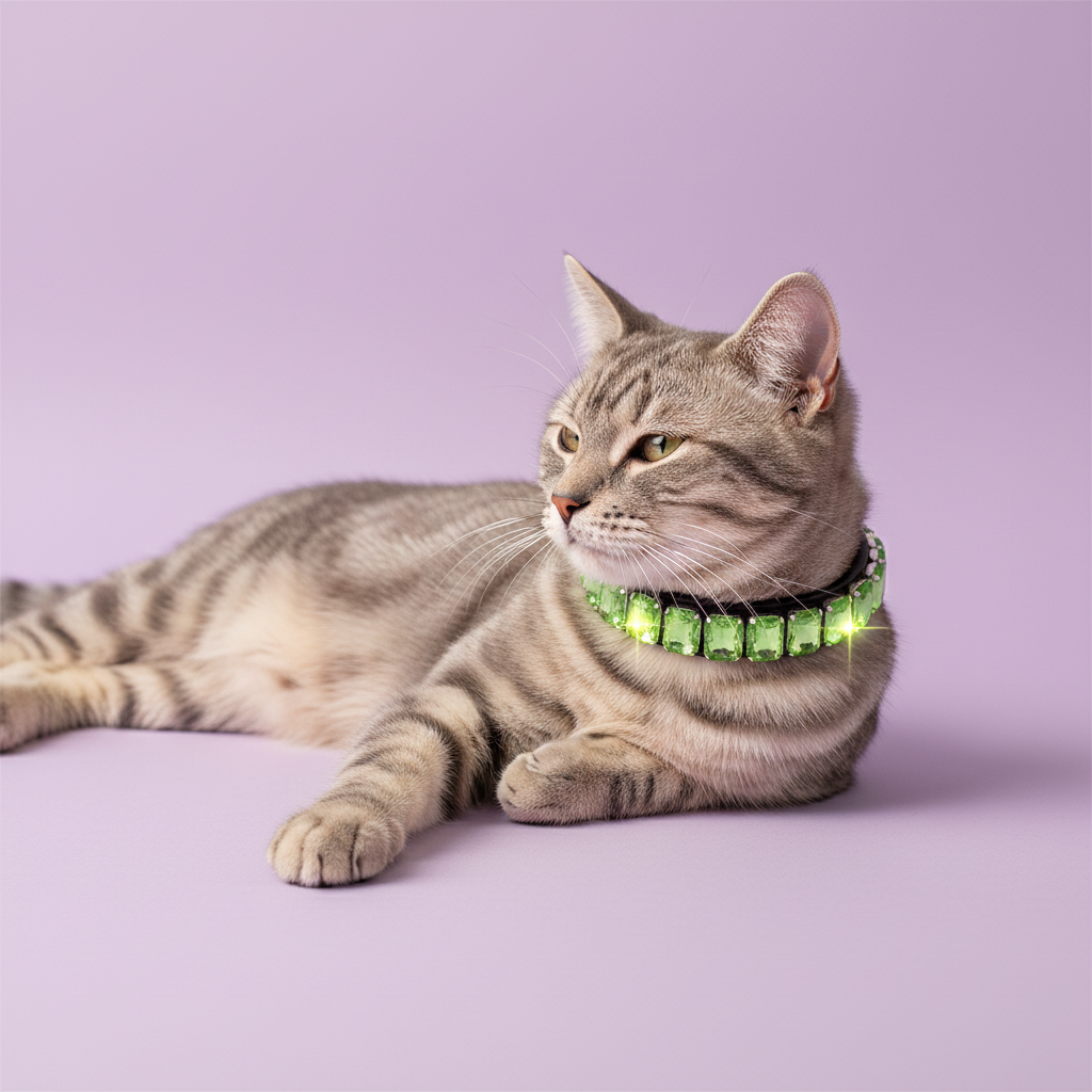 Grey tabby cat wearing a peridot green rhinestone collar against a soft lavender studio background.