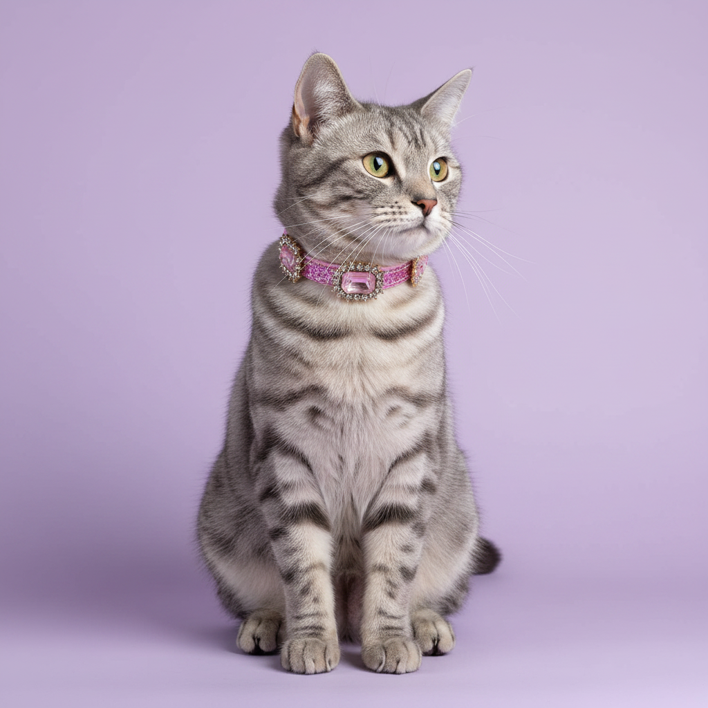 Brown-eyed white Maltese standing in a three-quarter view with one paw raised and gazing to the side wearing a pink glitter rhinestone collar with multiple rhinestone-framed blush pink rectangular crystal embellishments, luxury sparkle rectangular gem dog collar for small breeds on solid lavender background