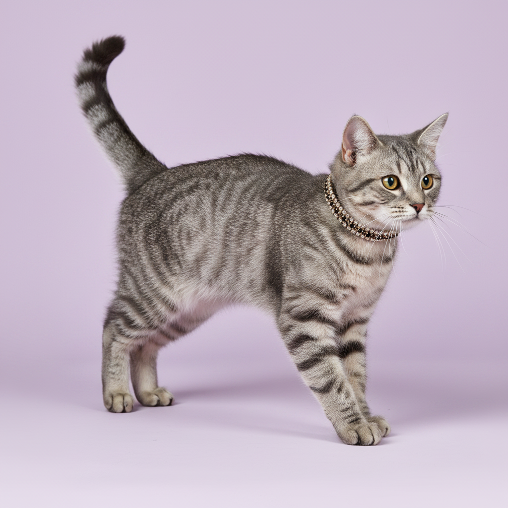 Yellow-eyed silver grey tabby cat standing in profile view with tail raised and glancing back wearing a black velvet triple-row champagne gold crystal rhinestone collar, luxury rhinestone cat collar on lavender background