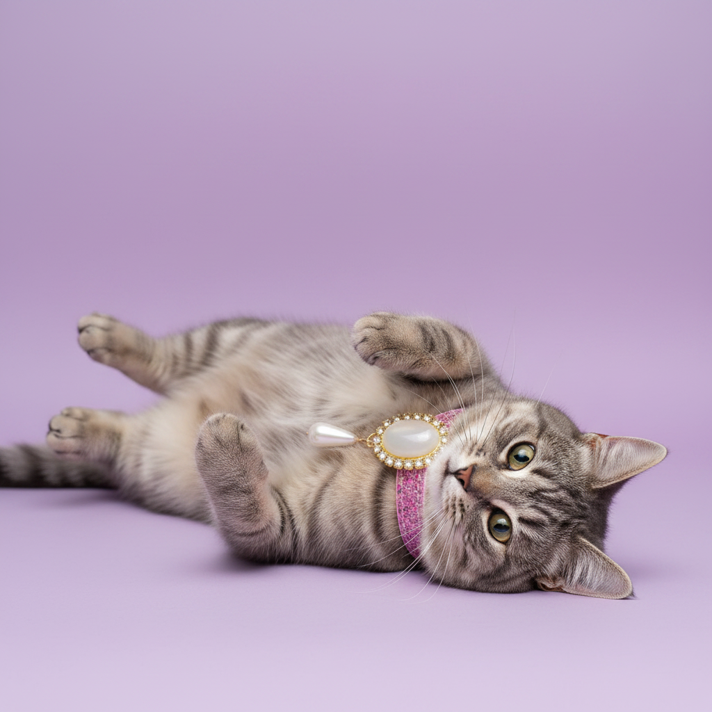 Grey tabby cat lying on its side and gazing at the camera wearing a pink glitter breakaway cat collar with a gold oval pearl and rhinestone pendant