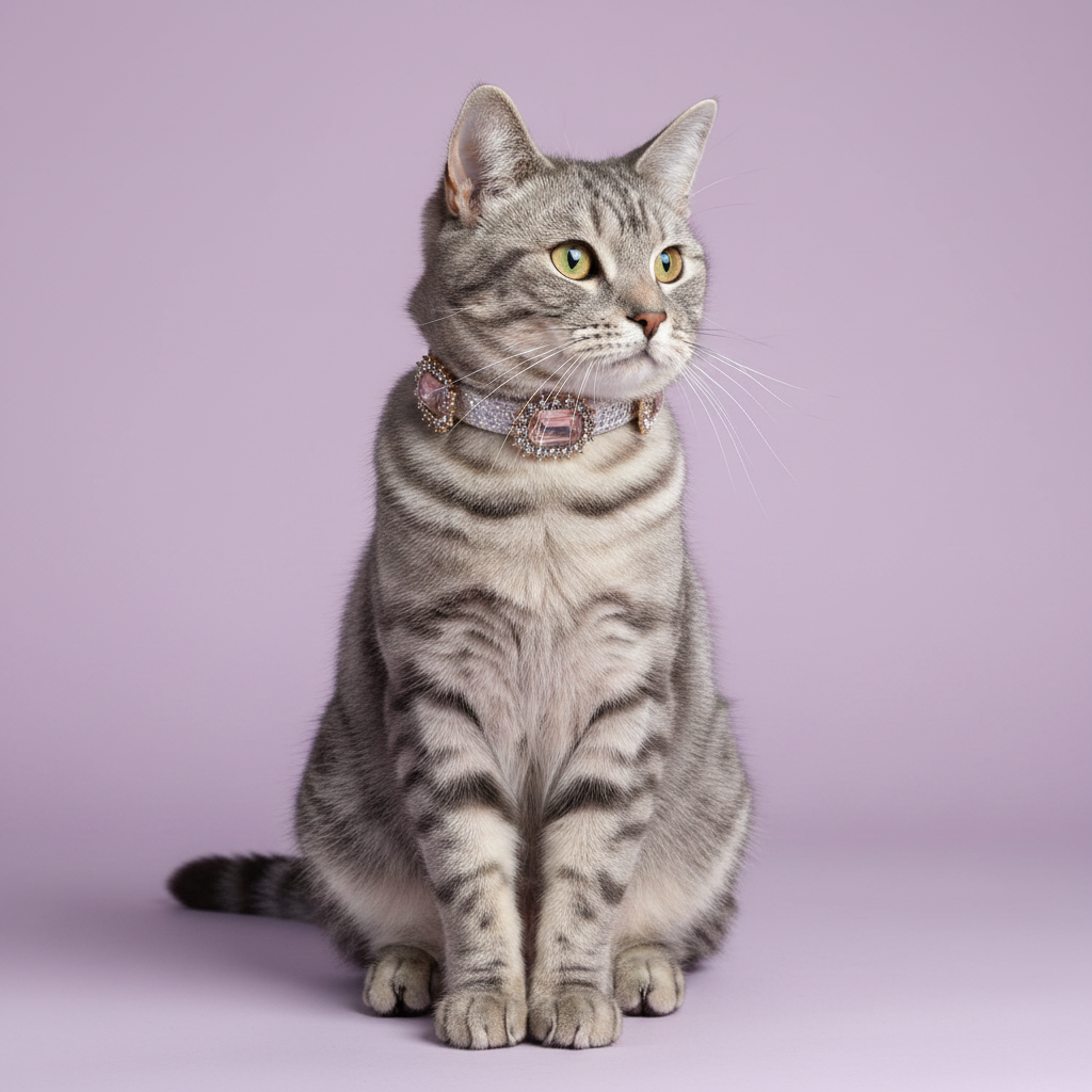 Yellow-green-eyed silver grey tabby cat sitting tall and gazing to the side wearing a silver glitter rhinestone collar with multiple rhinestone-framed champagne blush rectangular crystal embellishments, luxury sparkle rectangular gem breakaway cat collar on solid lavender background