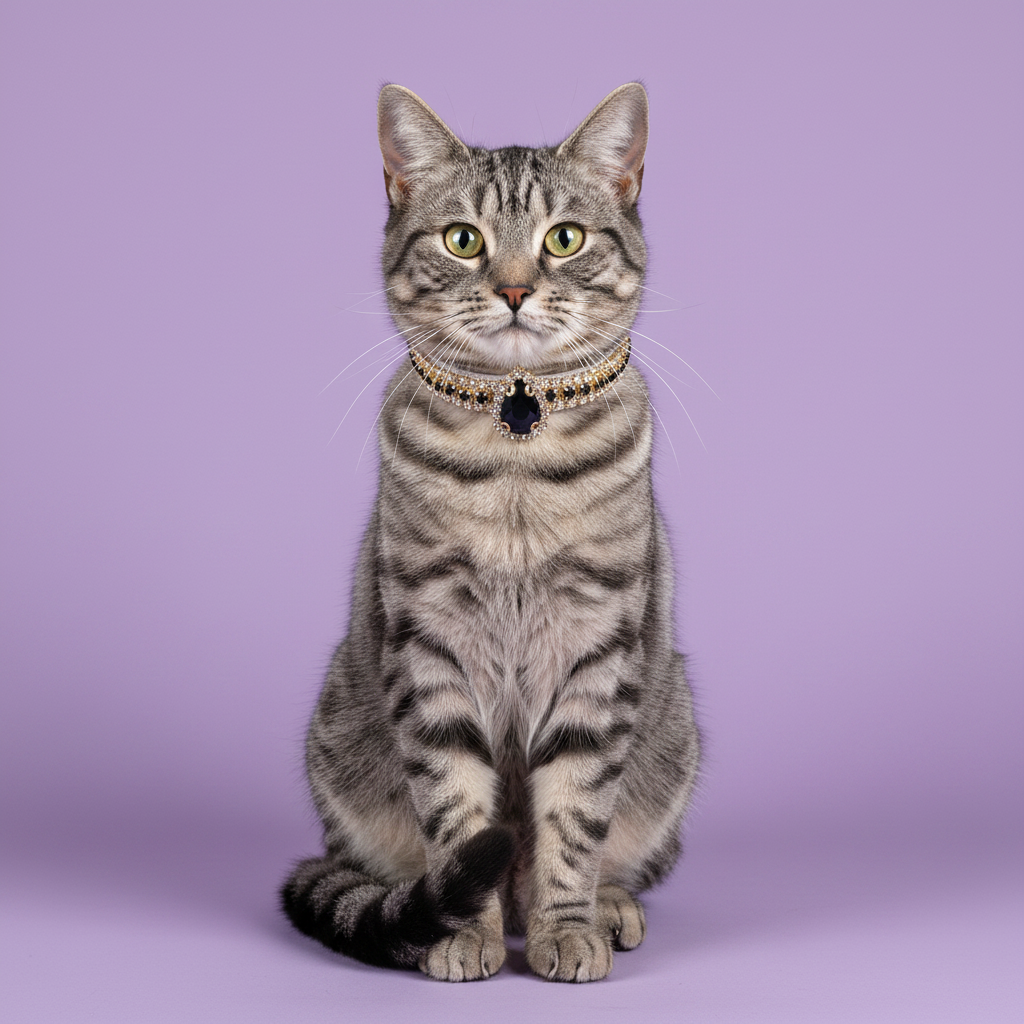 Yellow-green-eyed silver grey tabby cat sitting tall and facing camera wearing a gold and black rhinestone collar with oval black onyx crystal centerpiece pendant, luxury dark gemstone cat collar on solid lavender background