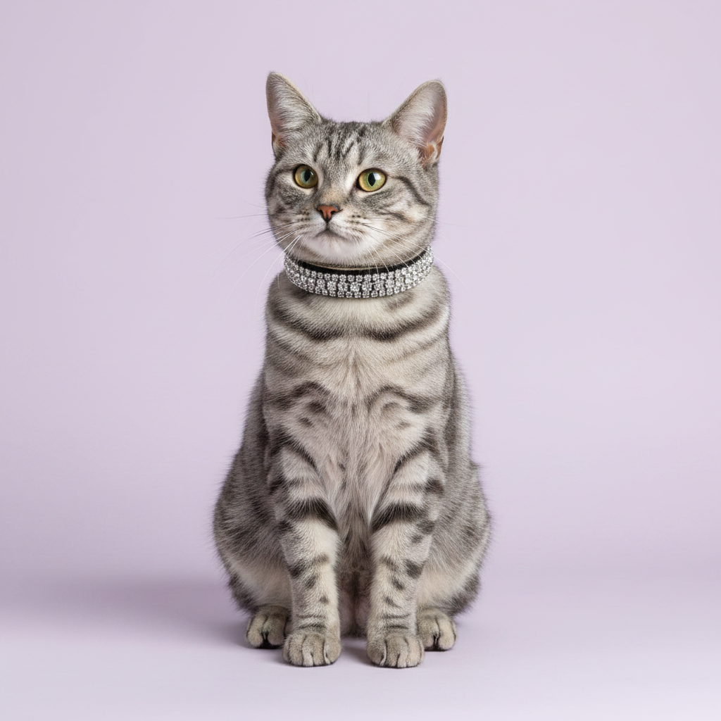 Silver grey tabby cat sitting tall and facing camera wearing a black velvet triple-row clear crystal rhinestone collar, luxury rhinestone cat collar on lavender background