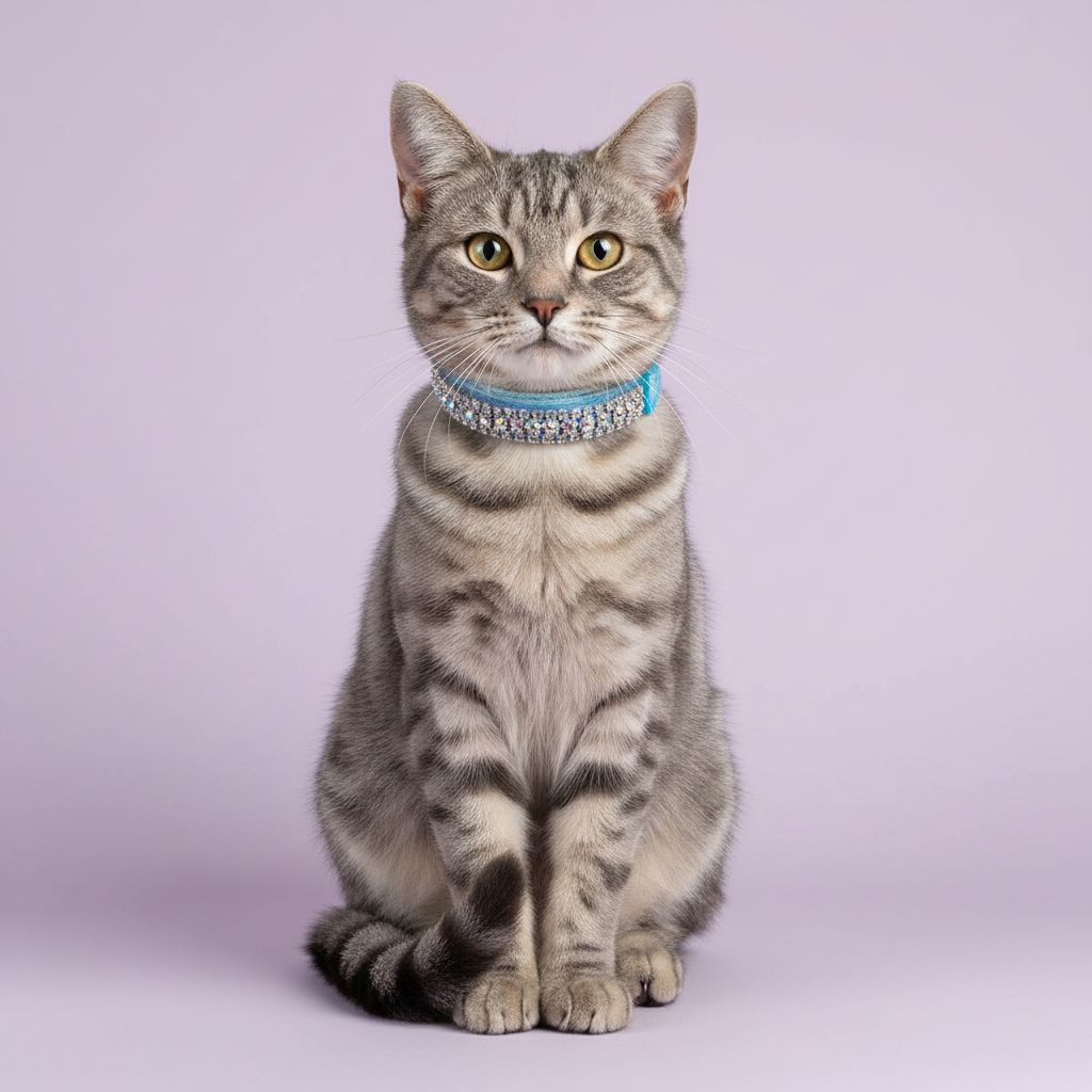 Yellow-green-eyed silver grey tabby cat sitting tall and facing camera wearing a blue velvet double-row AB iridescent crystal rhinestone collar, luxury rhinestone cat collar on lavender background
