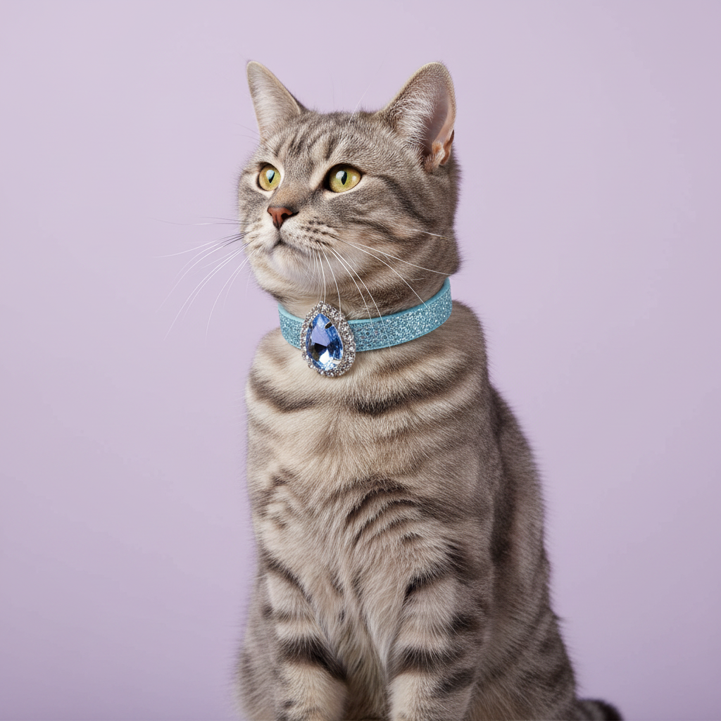 Yellow-green-eyed silver grey tabby cat sitting tall and gazing upward wearing a blue glitter rhinestone collar with teardrop blue crystal pendant, luxury bling cat collar for tabby cats on lavender background