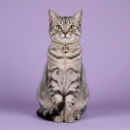Yellow-green-eyed silver grey tabby cat sitting tall and facing camera wearing a clear crystal rhinestone collar with large oval champagne crystal pendant, luxury diamond cat collar for tabby cats on lavender background
