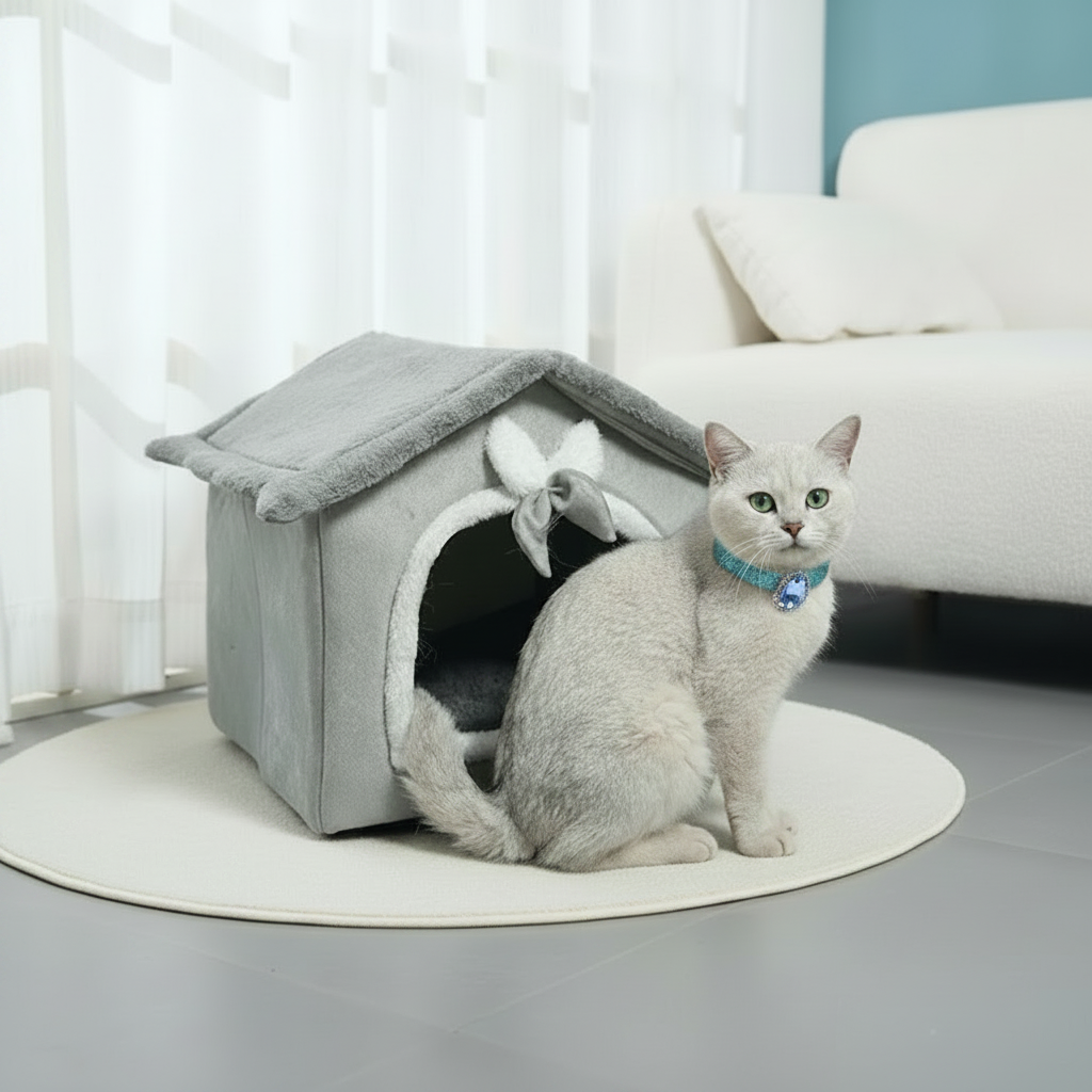 White British Shorthair cat sitting beside a grey plush house-shaped pet bed with scalloped roof trim and white bow accent, with a second grey cat entering the arched doorway, both on a round cream rug in a bright neutral living room with a white sofa and sheer curtains, wearing a teal crystal rhinestone collar with teardrop pendant