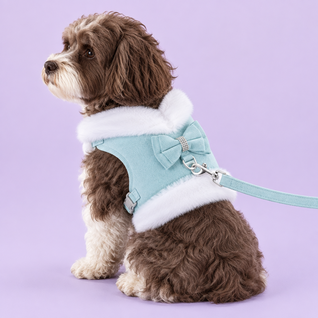 Havanese in aqua harness