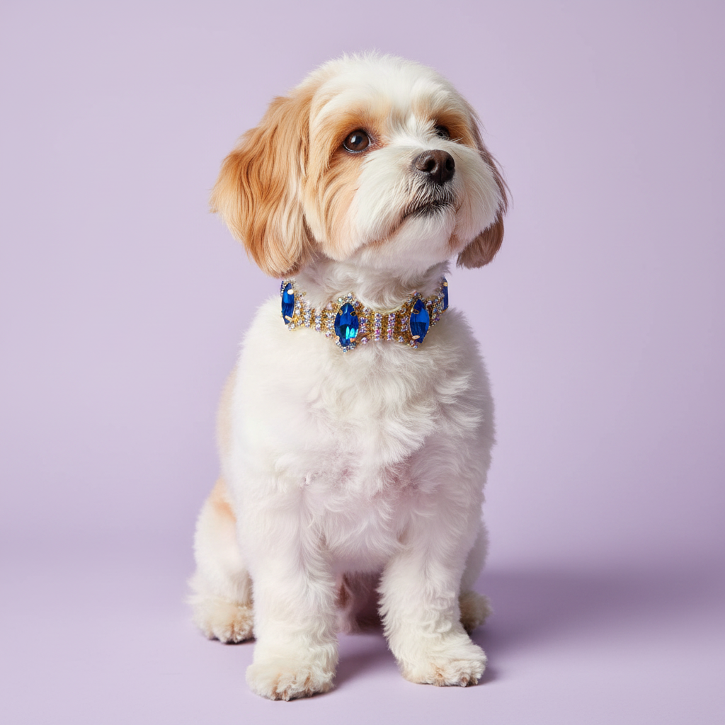 Havanese wearing gold rhinestone dog collar with sapphire blue marquise crystal stones