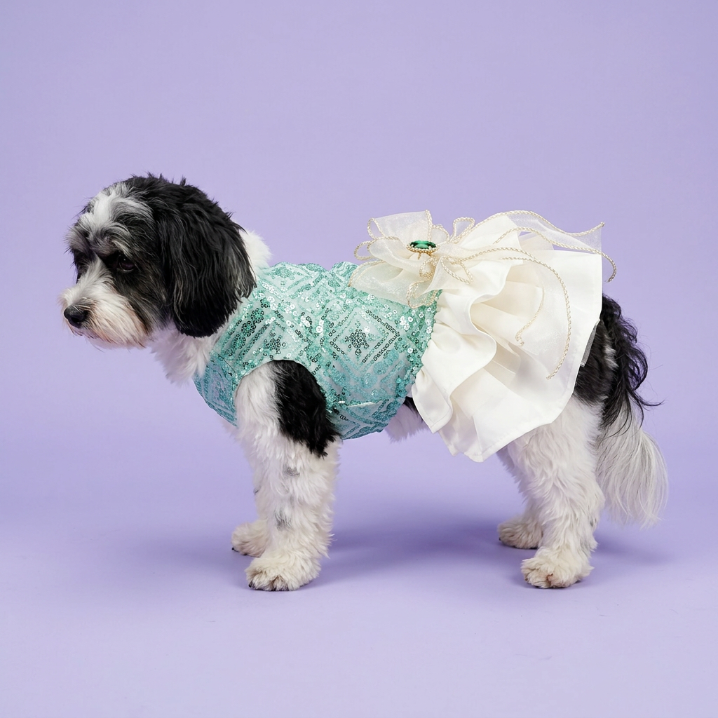 Havanese in side profile wearing the mint-and-ivory dress