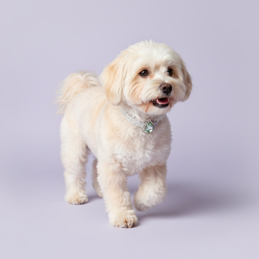 Cream Havanese wearing silver rhinestone dog collar with mint green teardrop crystal pendant
