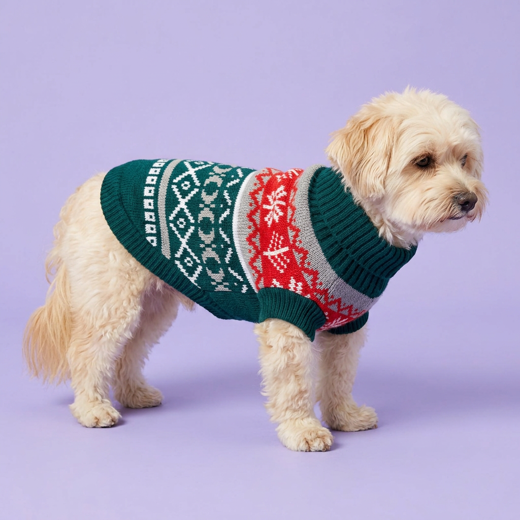 Havanese in the green red and grey sweater