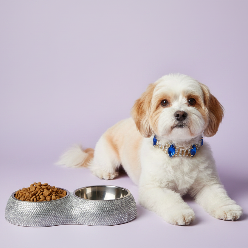 White and tan Havanese dog wearing a blue gemstone rhinestone collar lying beside a silver rhinestone double pet bowl on a soft lavender background