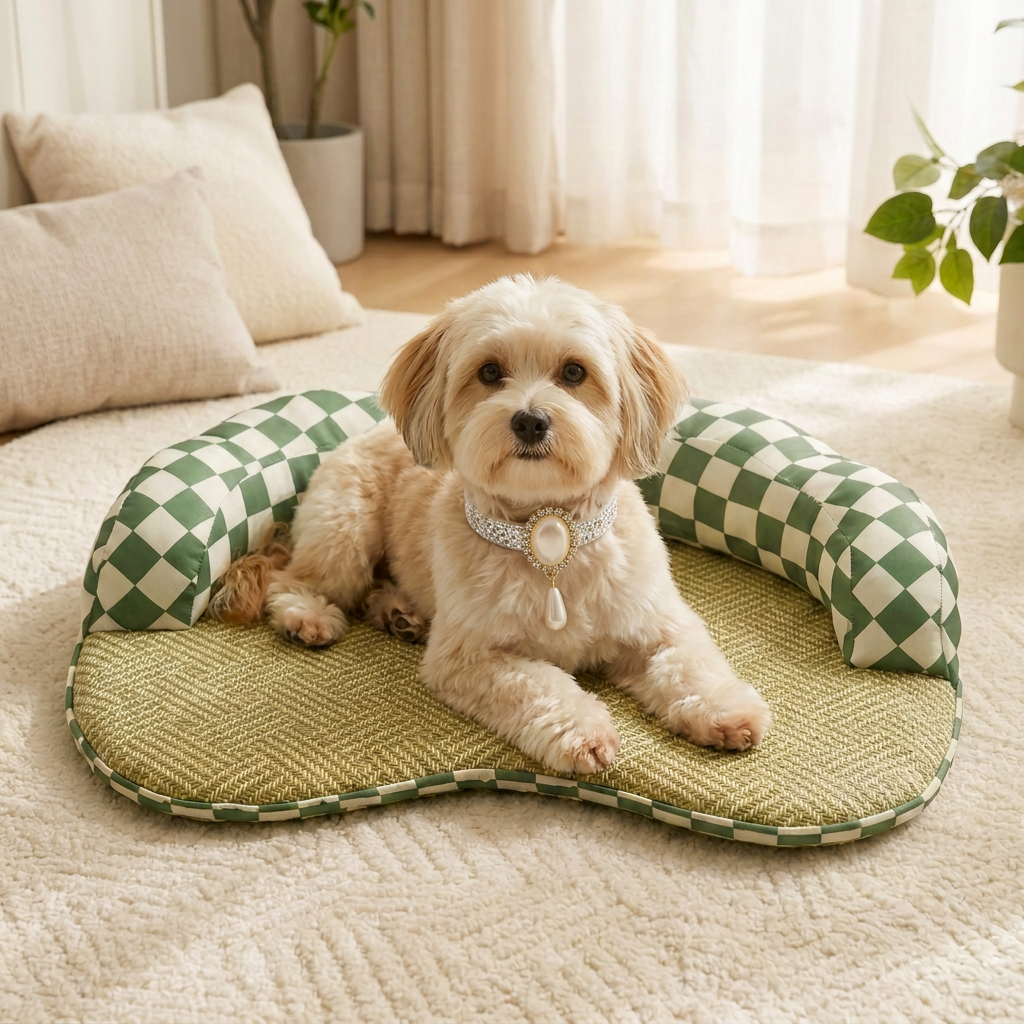 Havanese on the checkerboard bed wearing your pearl-and-rhinestone collar