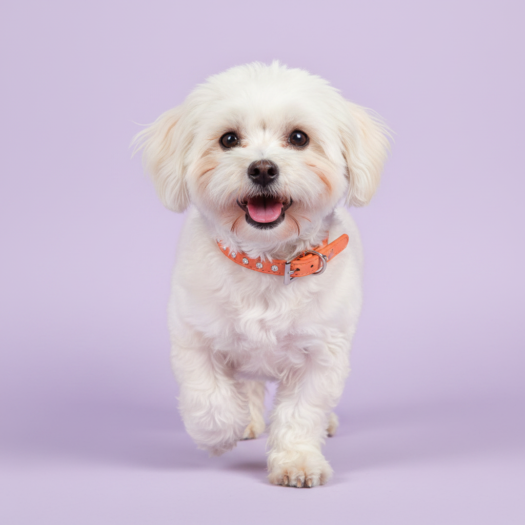 White Havanese puppy running and wearing an orange rhinestone crystal leather dog collar with silver buckle, full body studio portrait on lavender background