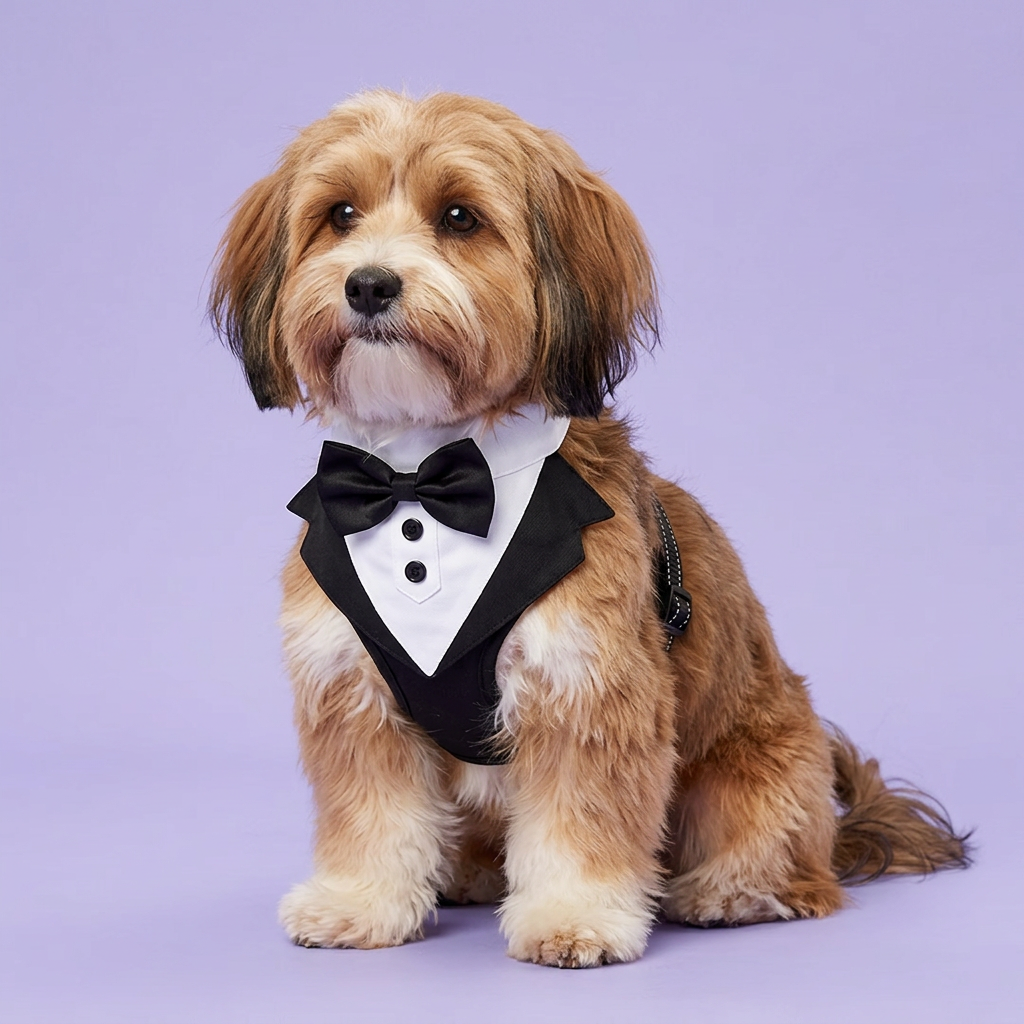 Havanese seated in the tuxedo harness
