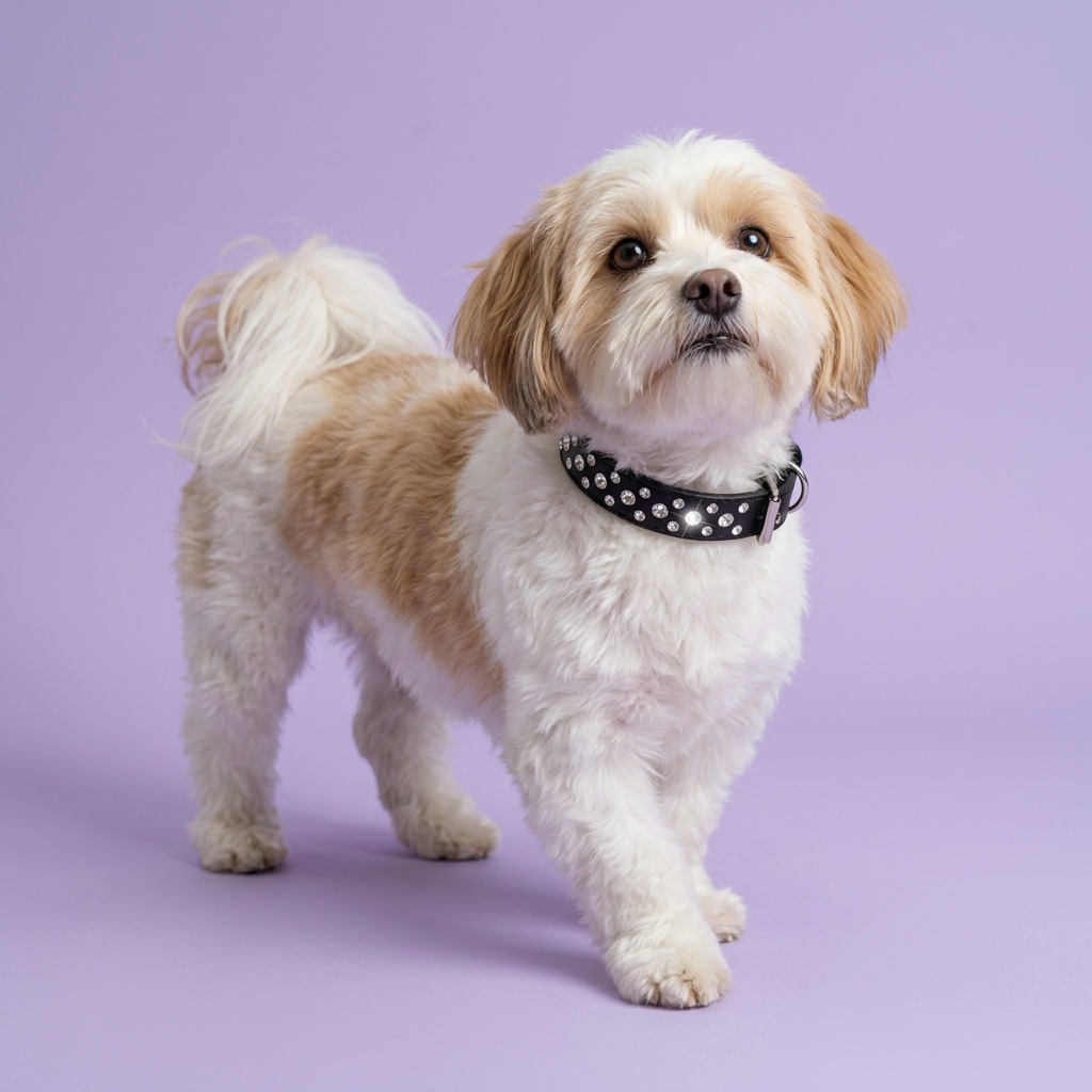 Havanese taking a gentle step and looking upward