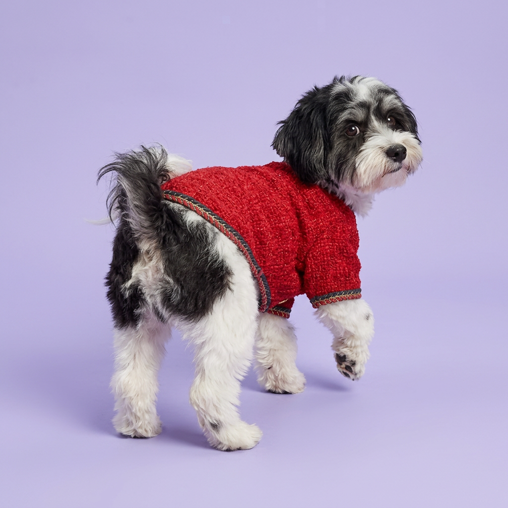 Havanese turning away in the red jacket
