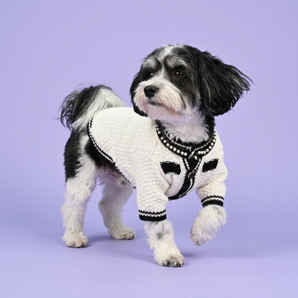 Havanese turning mid-step in the cream-and-black sweater