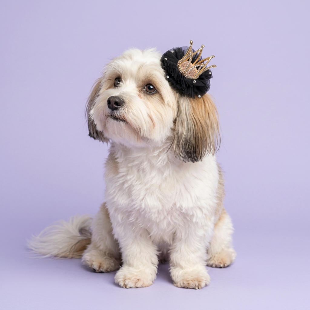 Havanese wearing the black crown clip