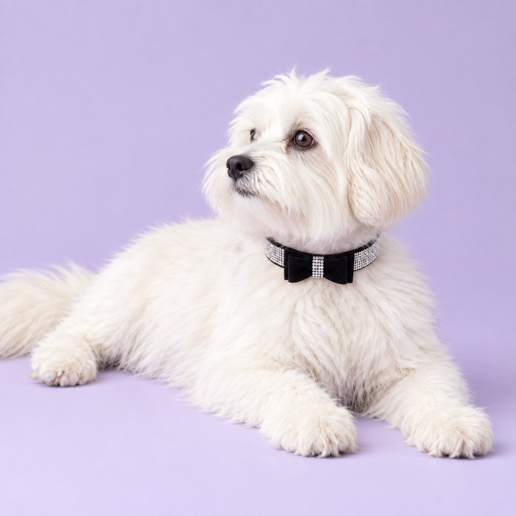 Havanese wearing the black crystal bow collar